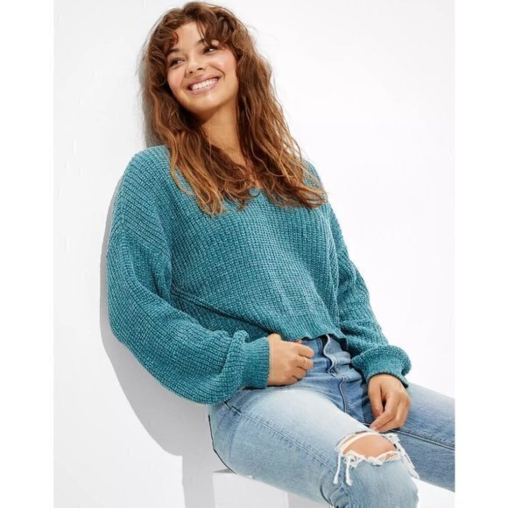 American Eagle Chenille Oversized Chunky V-Neck Sweater Teal Size M